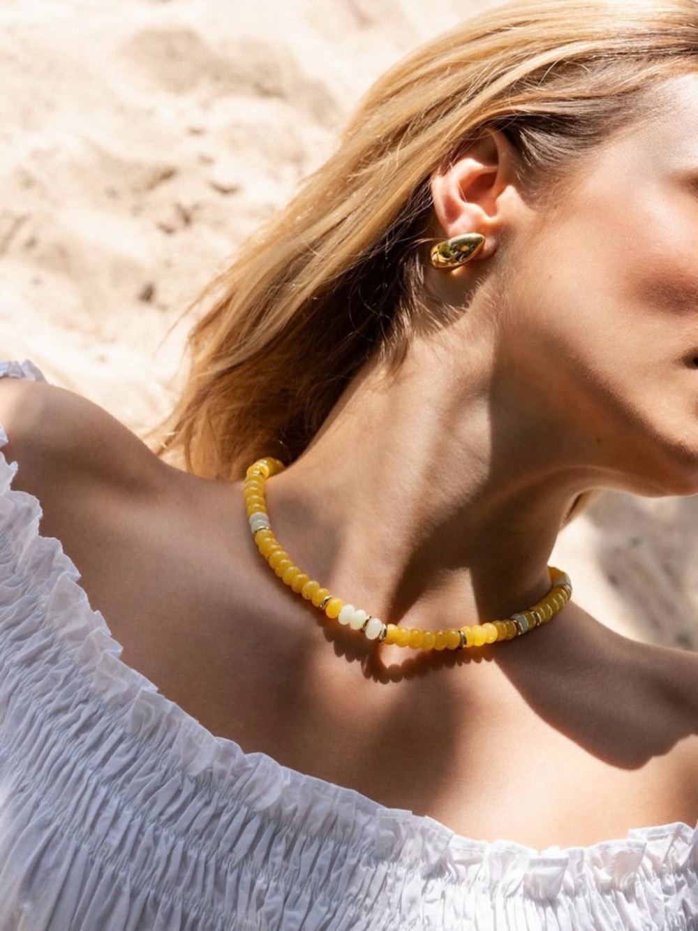 Yellow Bead Necklace with White Accents - Women Jewelry